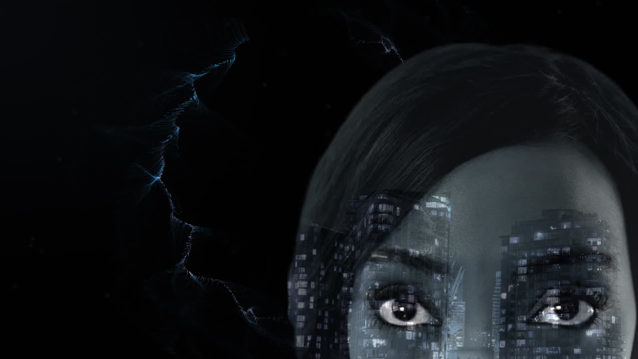 animación de formas y paisajes urbanos sobre una mujer afroamericana