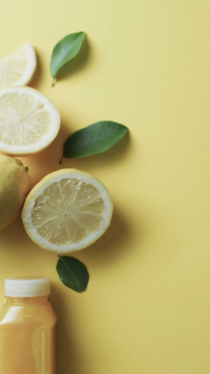 Vertical video of sliced lemon and juice with copy space over yellow background