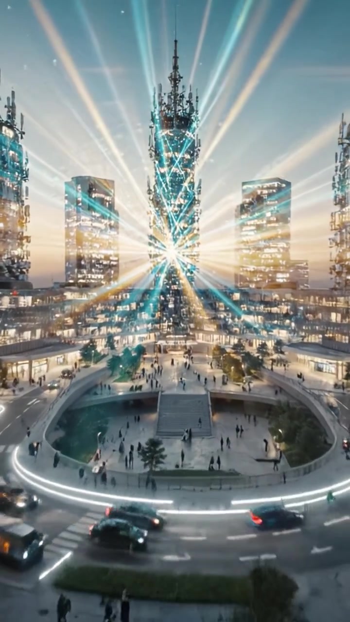 A Stunning Urban Skyline Transformation: From Evening Calmness to Vibrant Light Show in a Modern City Plaza Revealing Towering Architecture and Lively Atmosphere