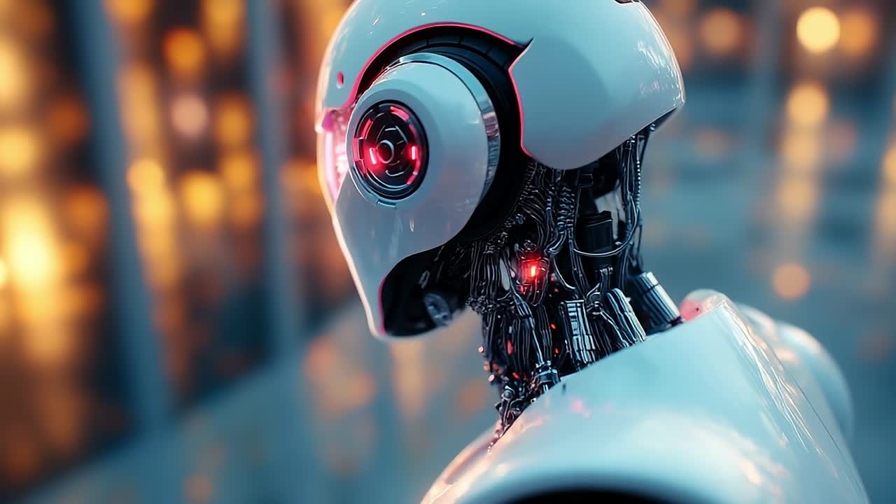 Futuristic robot with glowing features. A sleek robot in a modern urban setting features intricate designs and glowing elements that light up the area.