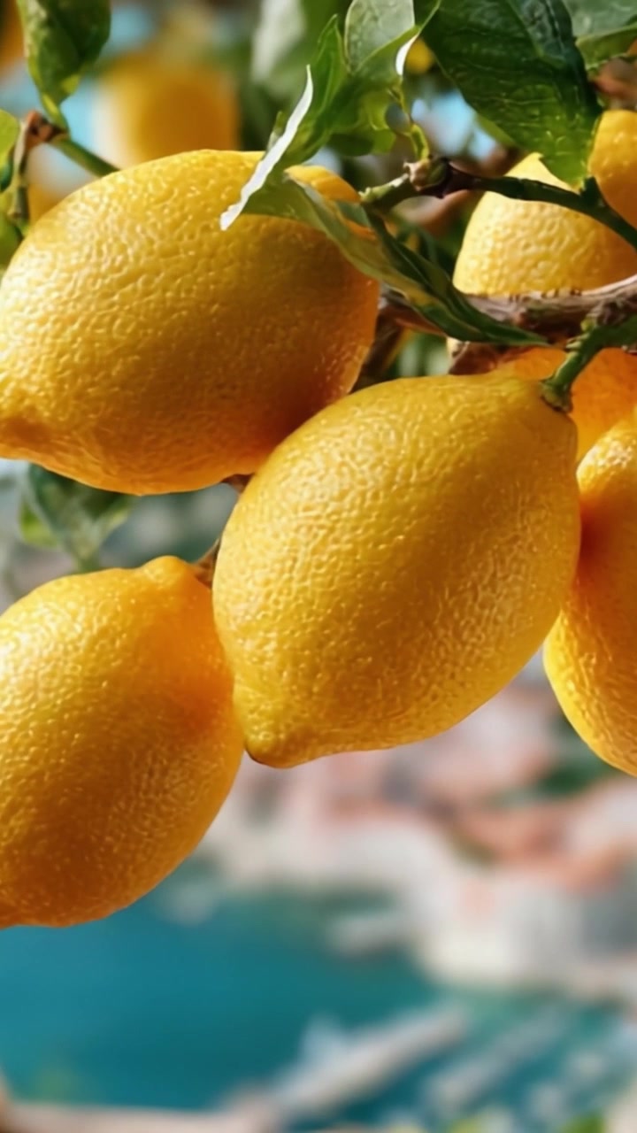 Una vivace esposizione di limoni freschi sull'albero, mettendo in mostra il loro colore giallo brillante e i dettagli della texture su uno sfondo morbido e bellissimo.