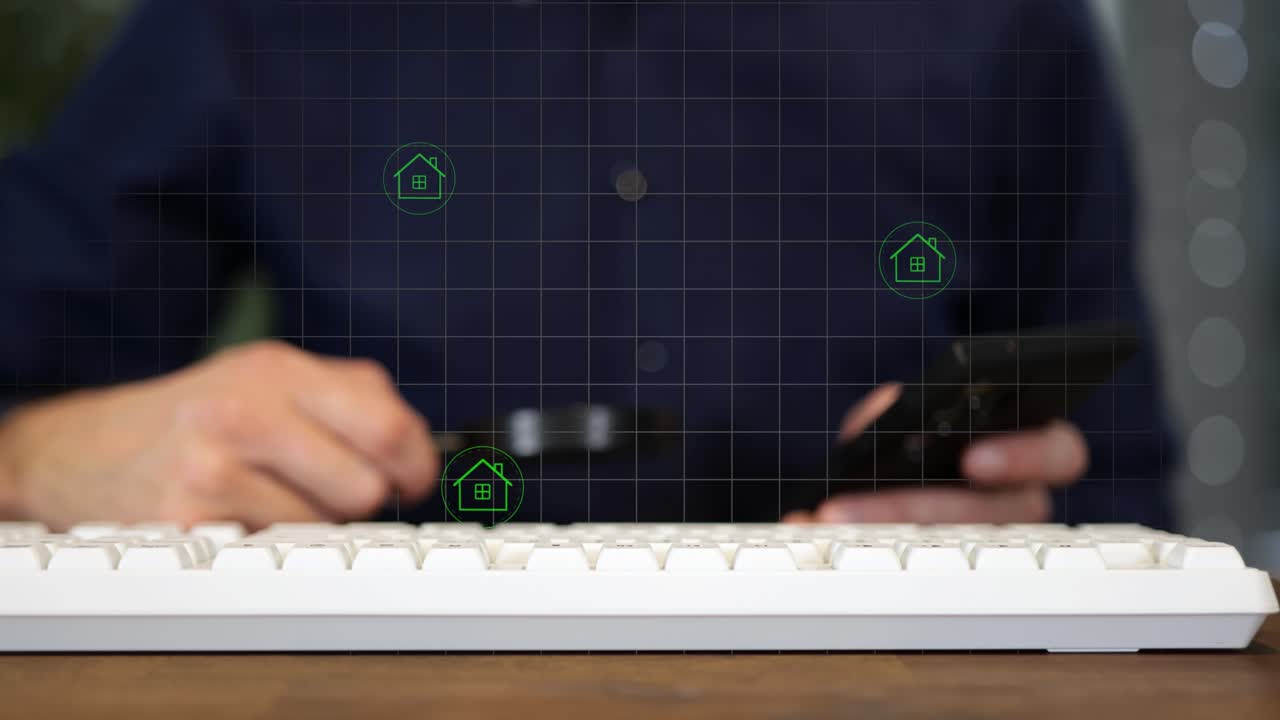 Professional real estate agent close-up of hand using a magnifying glass to track a glowing green rising market trend chart over a keyboard. Animation of investment and house price growth concept