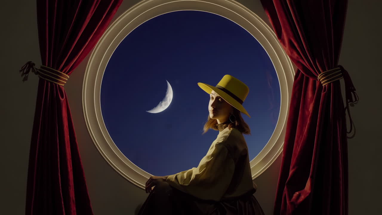 Woman in Yellow Hat Gazing at Crescent Moon through Circular Window