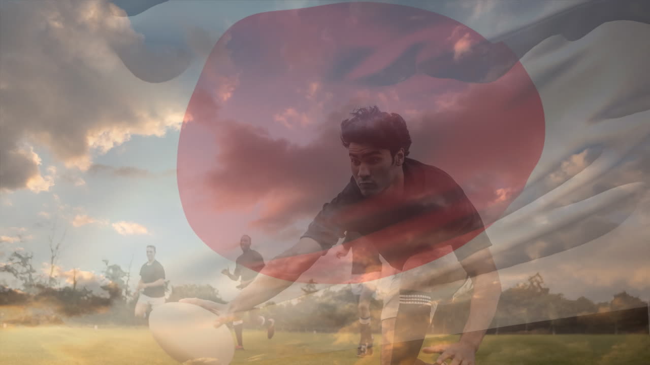 다양한 남성 럭비 선수 위에 일본 국기의 애니메이션