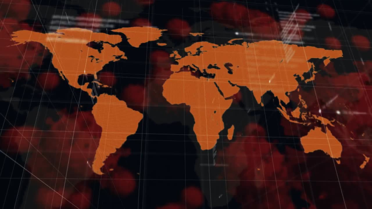 animación de grabación de procesamiento de datos con un mapa del mundo que muestra la propagación global del coronavirus