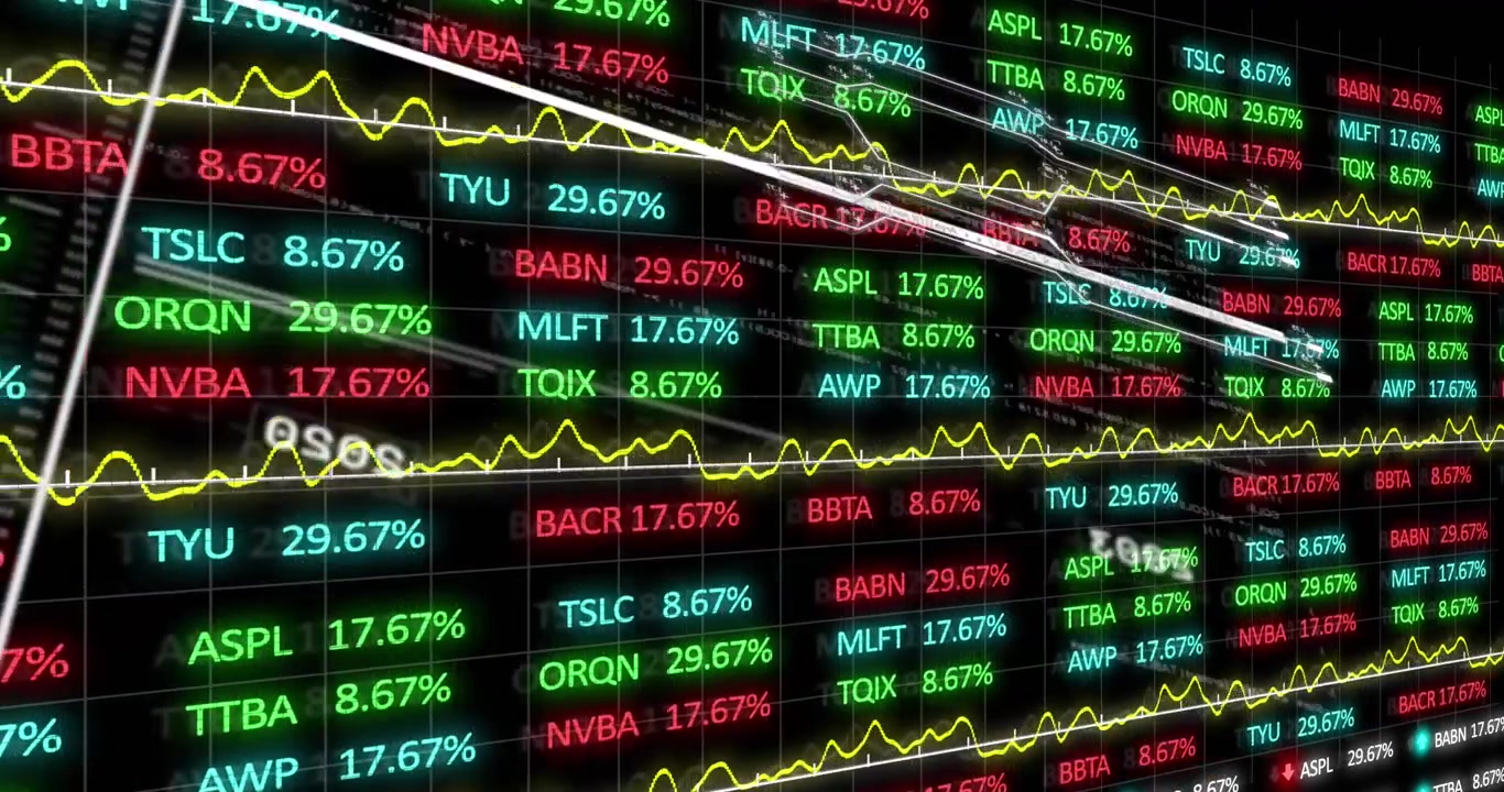 Animazione dell'elaborazione di dati finanziari su sfondo scuro