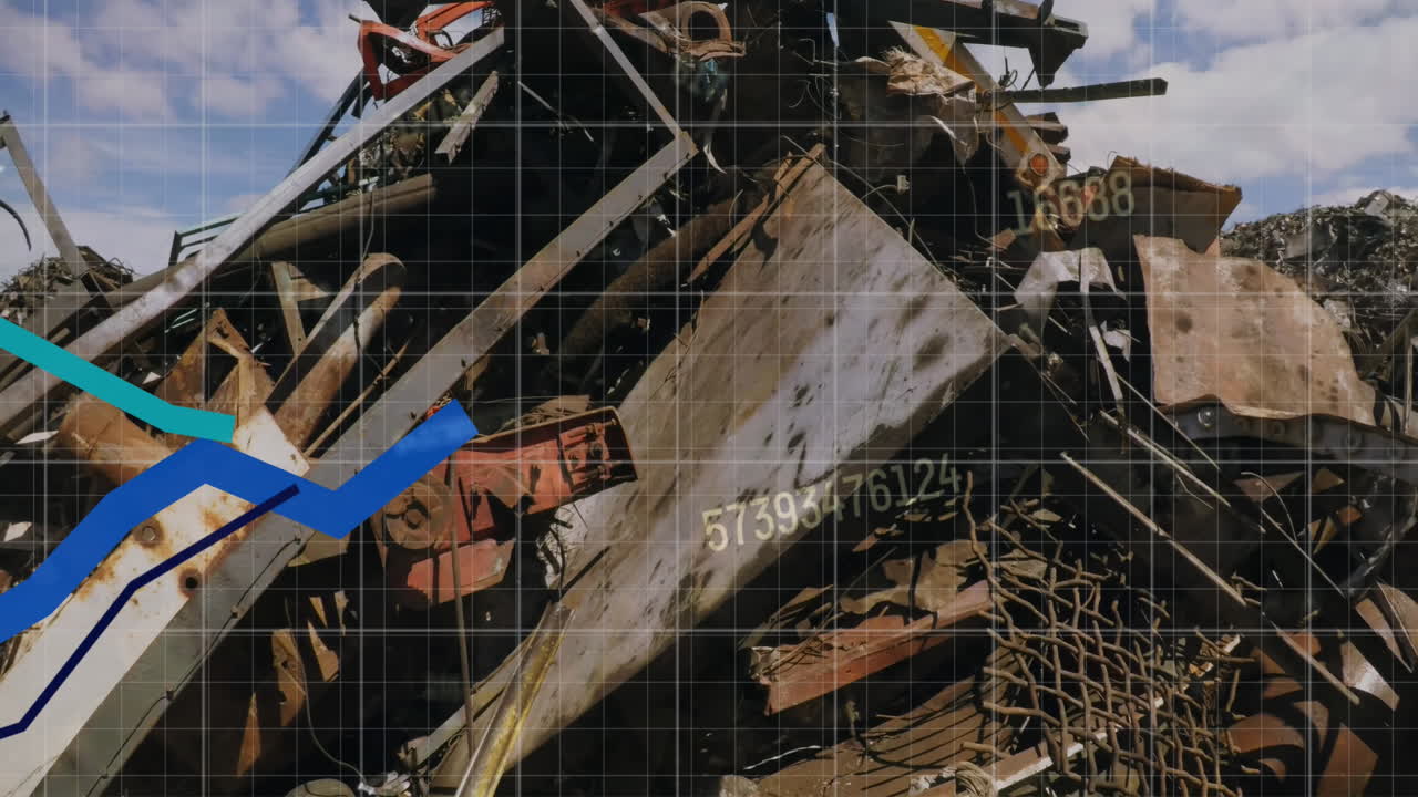 쓰레기장에서 작동하는 수압 리프팅 기계에 대한 증권 시장 데이터 처리의 애니메이션