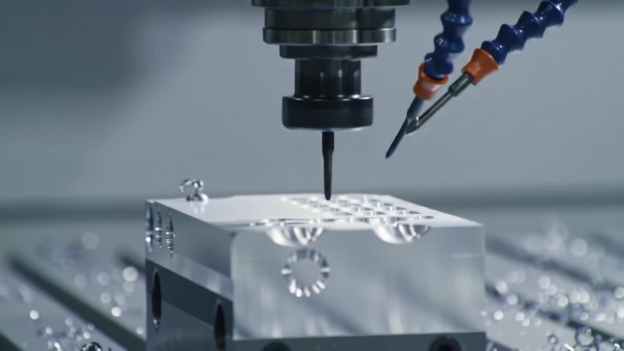 A machining process occurs in a factory setting, showcasing a cutting tool shaping metal. Sparks fly as the tool works, and coolant is applied to manage temperature and debris.