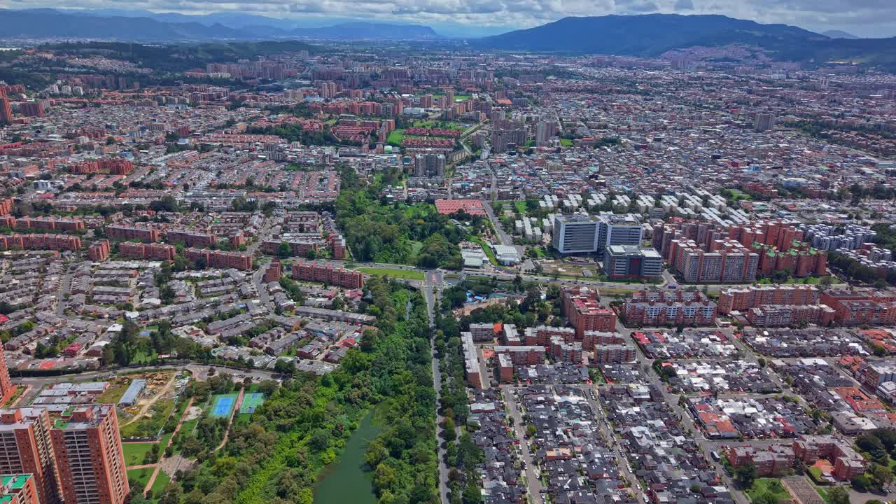 Aerial view of Bogota showcasing urban landscape and river path