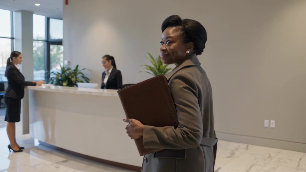 Donna che entra, con un cappotto grigio con cintura e una cartella marrone, al banco della reception per il check-in, con spazio per il testo