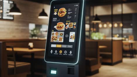self-service touchscreen kiosk displaying menu options for burgers and fast food items in a modern restaurant setting