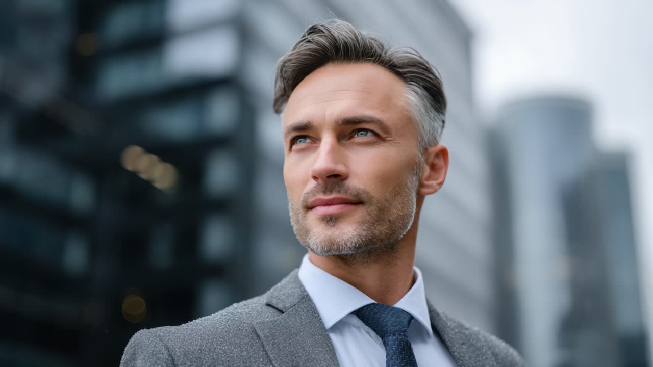 Confident Businessman with Distinguished Features Showcasing Leadership and Ambition Against a Modern Urban Backdrop