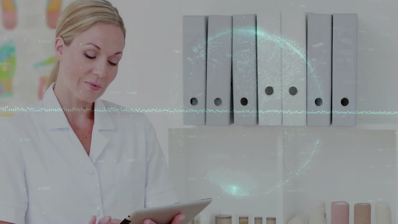 Using tablet, medical professional analyzing digital data in front of shelves