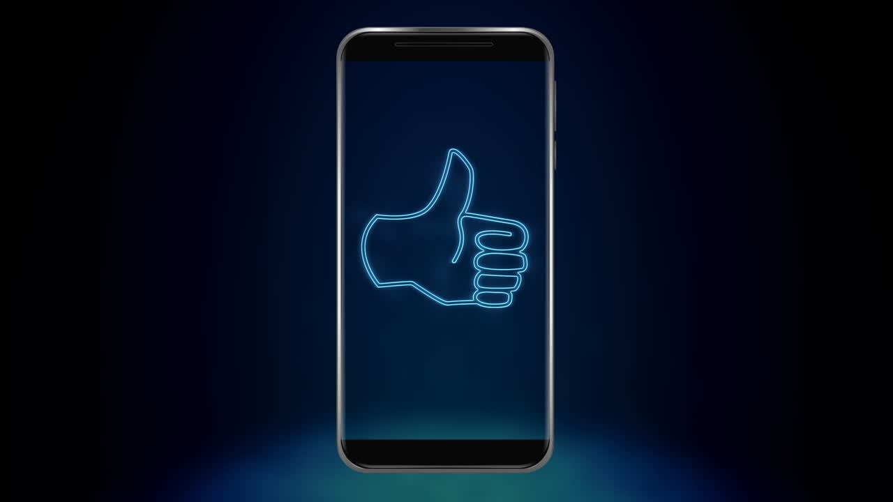 Animation of blue neon style Like icon flickering on smartphone screen on black background