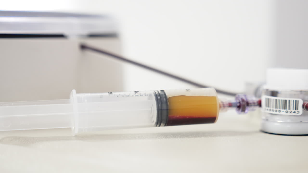 Syringe is half-filled with plasma. Preparation for PRP therapy. Close up.