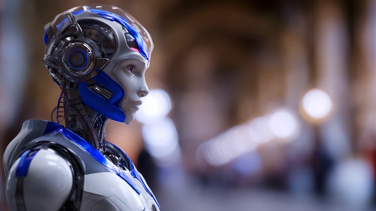 Design futuristico di robot che mostra un'intelligenza artificiale avanzata con un'estetica elegante in un ambiente urbano sfocato, che enfatizza la tecnologia e l'innovazione