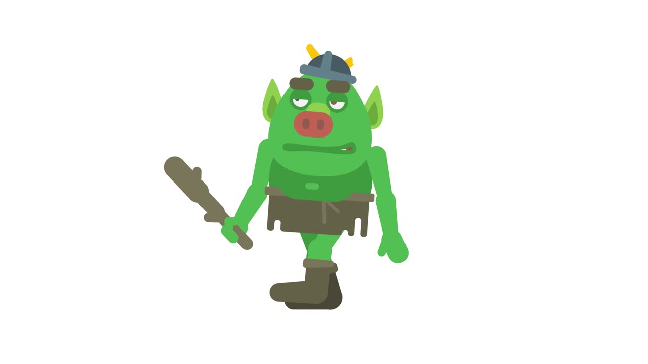 el personaje del troll caminando agitando el club y sonriendo. canal alfa