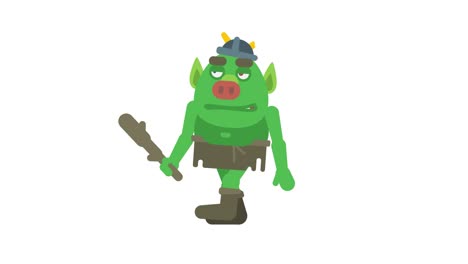 troll character walking waving club and smiling. alpha channel