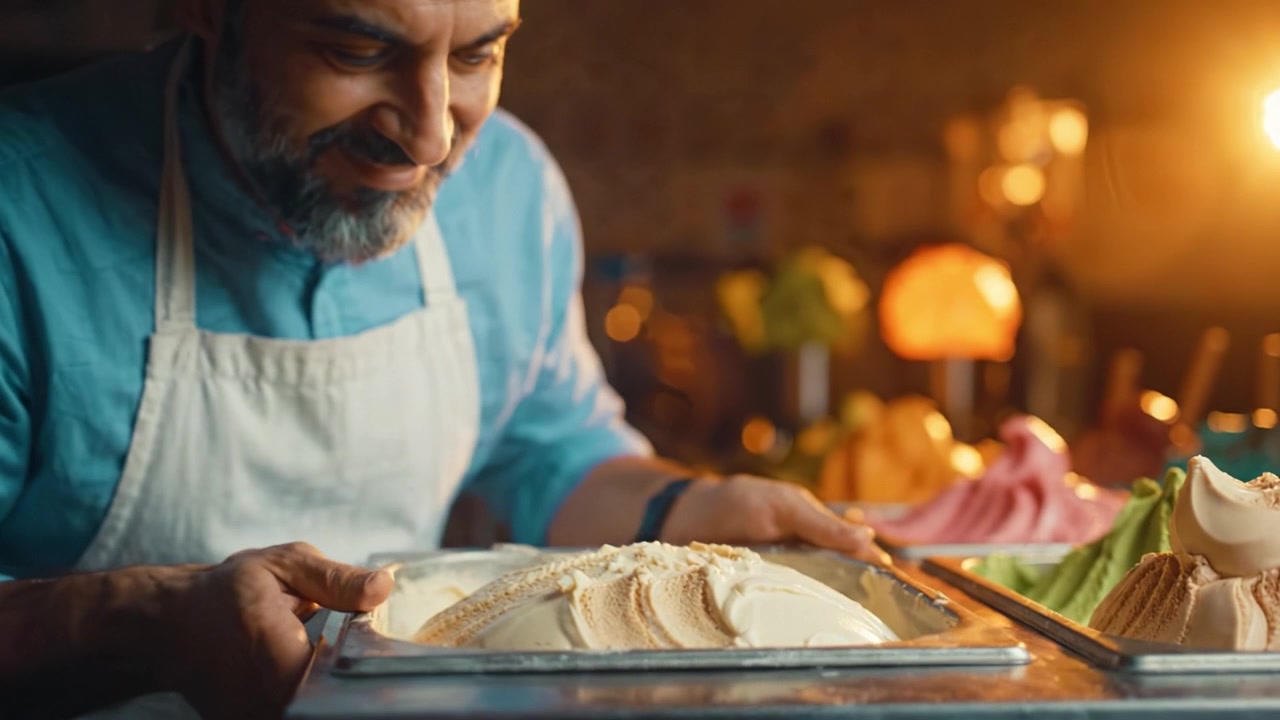 Un artigiano appassionato crea con cura gelato tradizionale in un negozio vivace, mettendo in mostra l'arte e la dedizione coinvolte nella creazione di deliziose prelibatezze ghiacciate