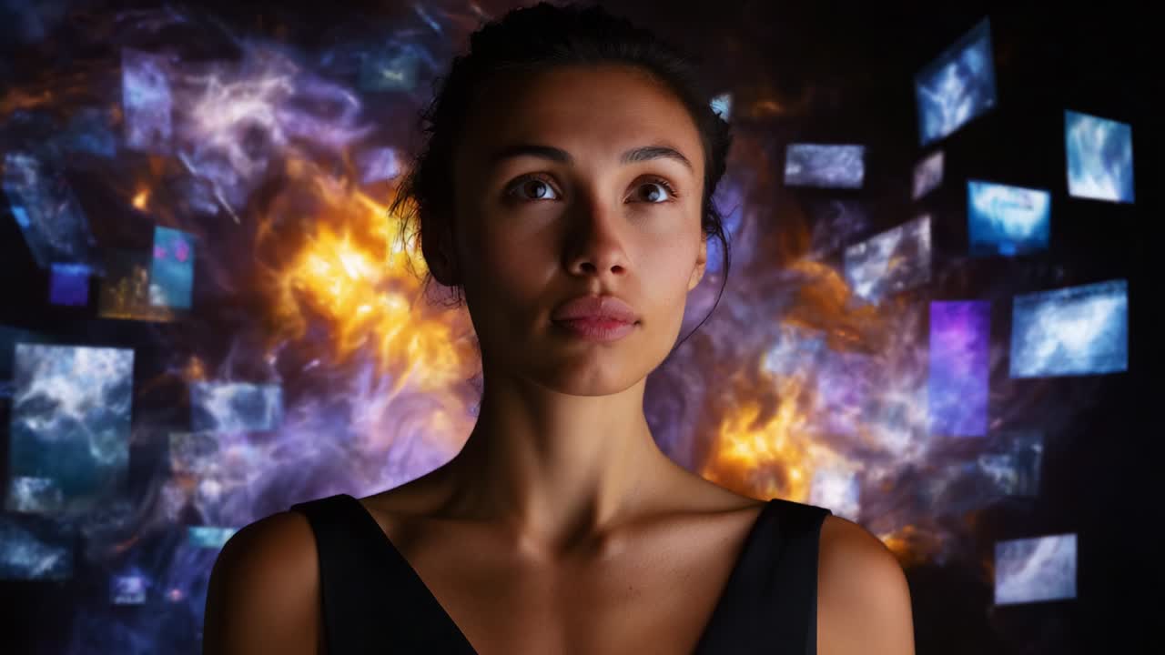 A serene individual stands in front of a vivid display of colorful visual elements, showcasing a blend of luminous orange and blue tones, surrounded by floating frames that represent digital art and creativity