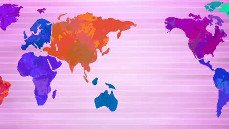Animation-of-multi-coloured-world-map-moving-over-pink-striped-background
