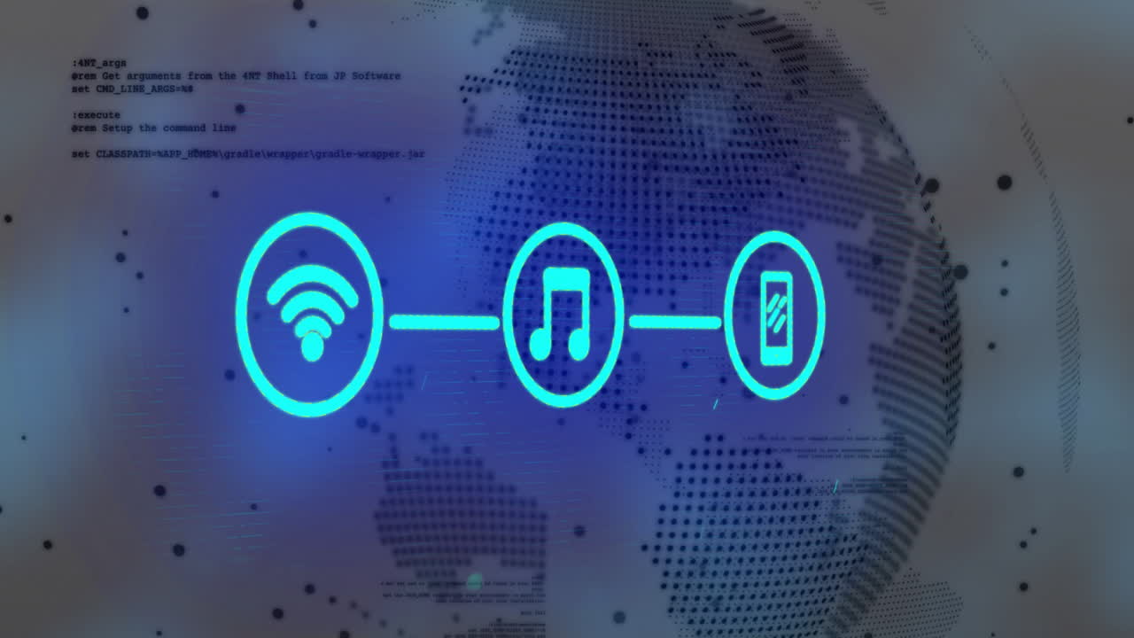 Animation of Wi-Fi, music, and smartphone icons over digital world map background