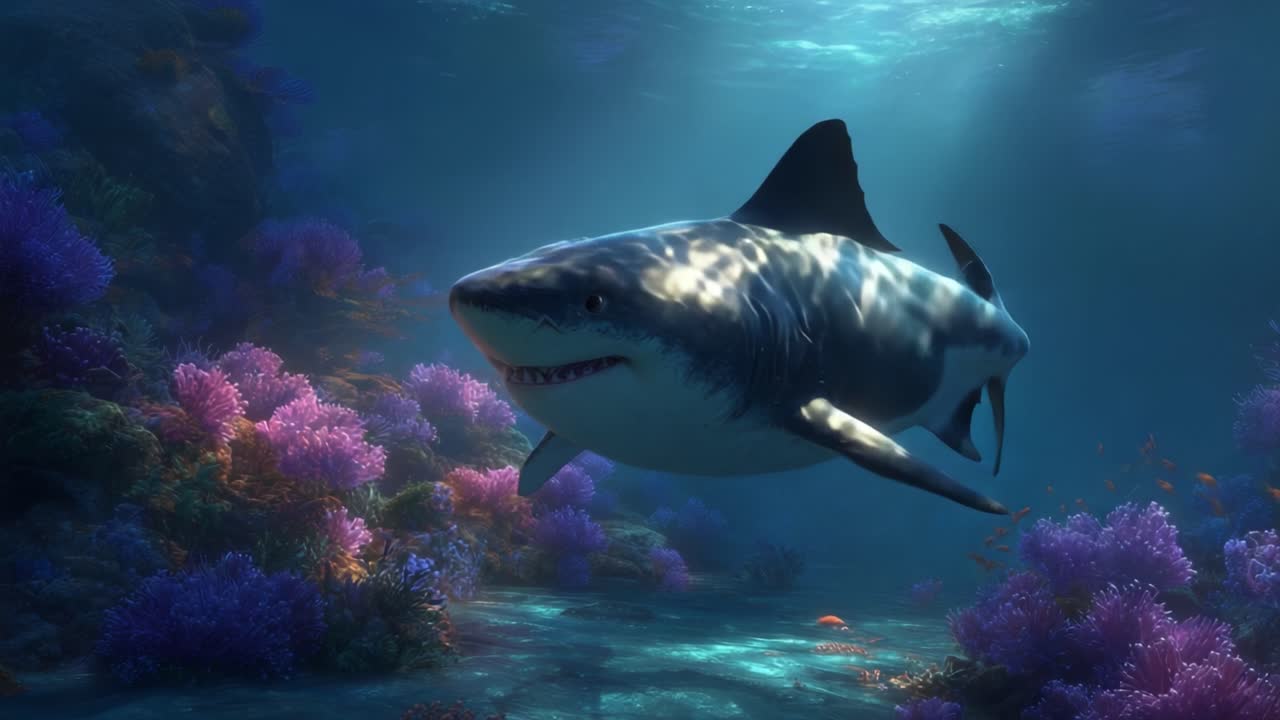 A Majestic Shark Gliding Gracefully Through Vibrant Coral Reefs, Capturing the Beauty of Underwater Life in a Stunning Oceanic Scene