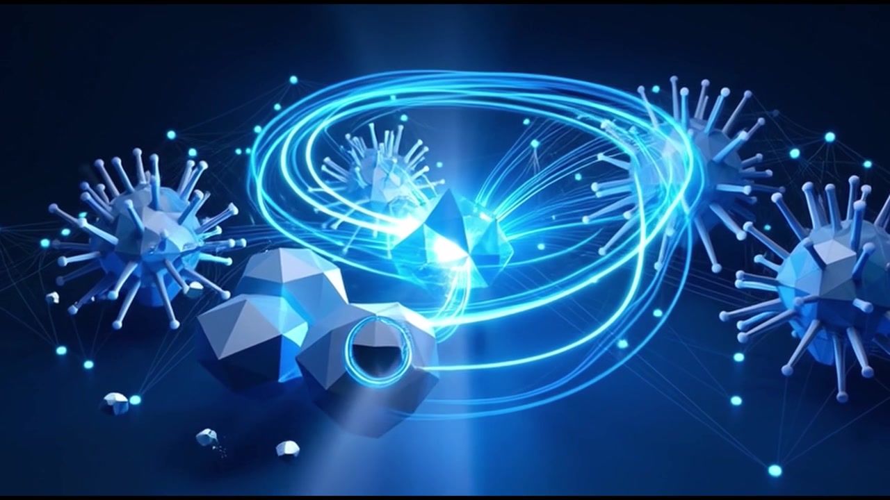 抽象3D動畫，展示病毒細胞和發光的能量粒子。
