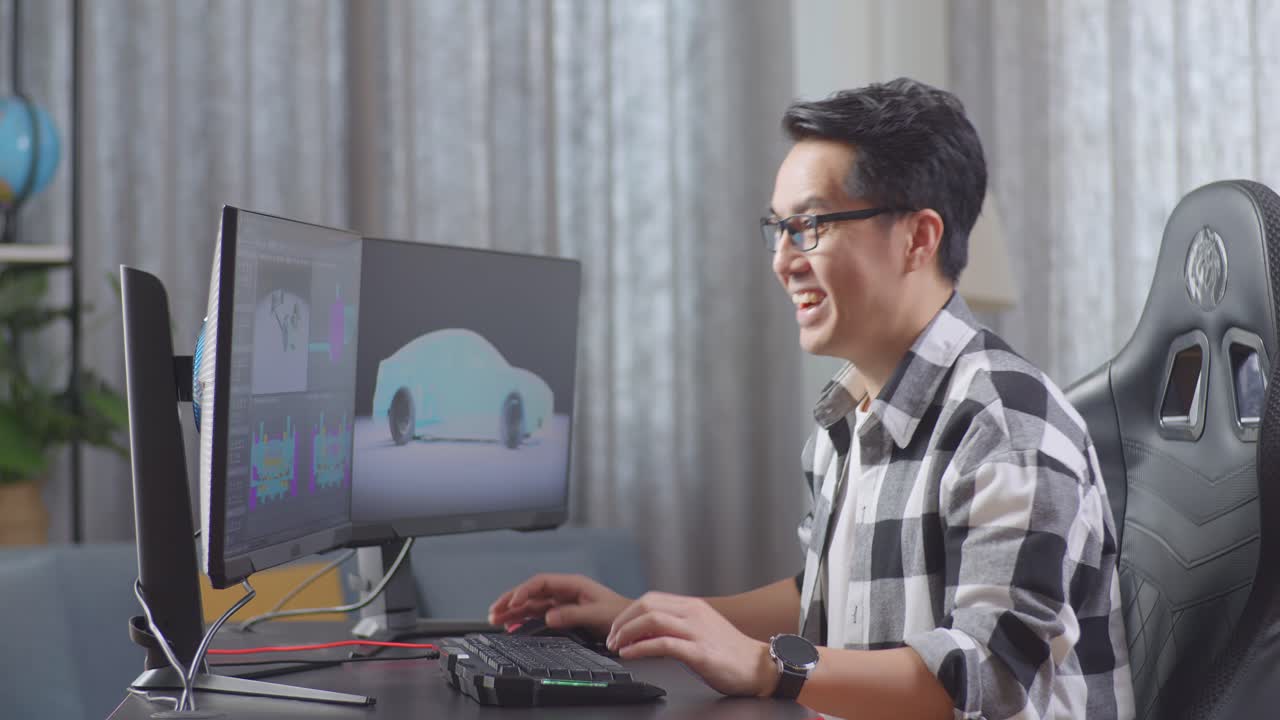 행복한 디자이너가 3d 자동차 디자인을 축하합니다.