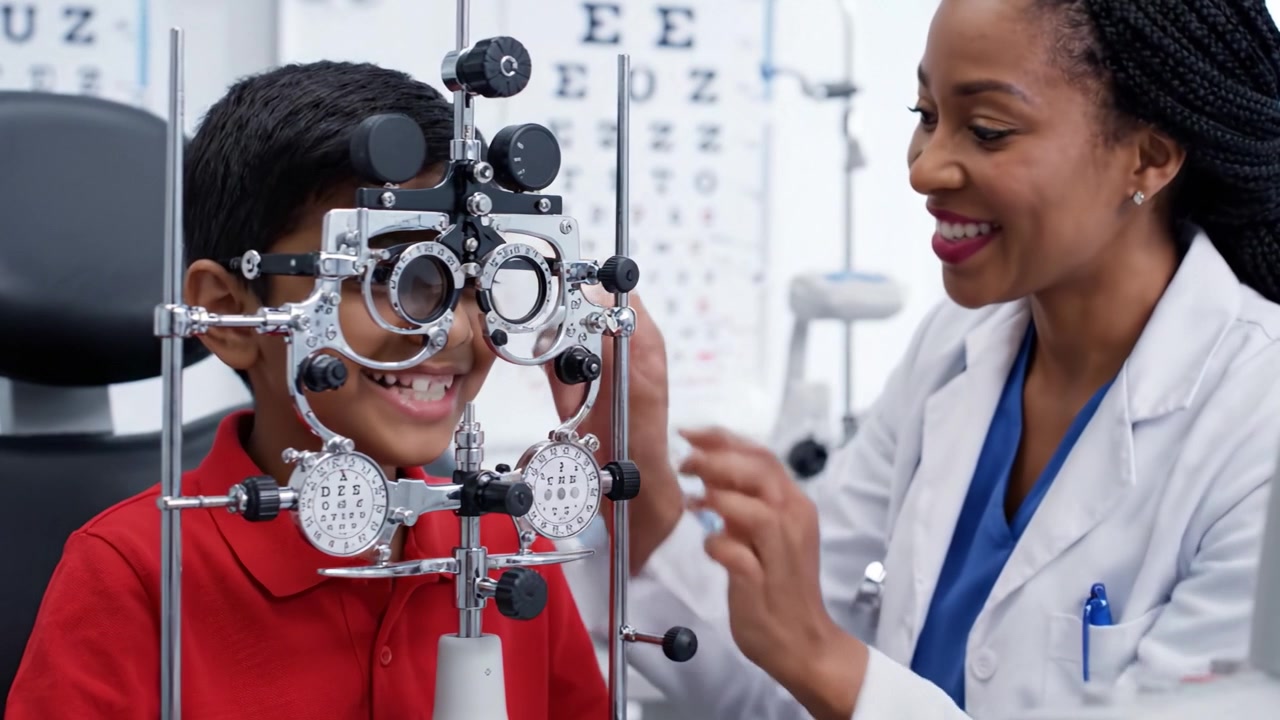 A Child Undergoing an Eye Examination with an Optometrist: Exploring Visual Acuity and Eye Health in a Clinical Setting with Modern Equipment
