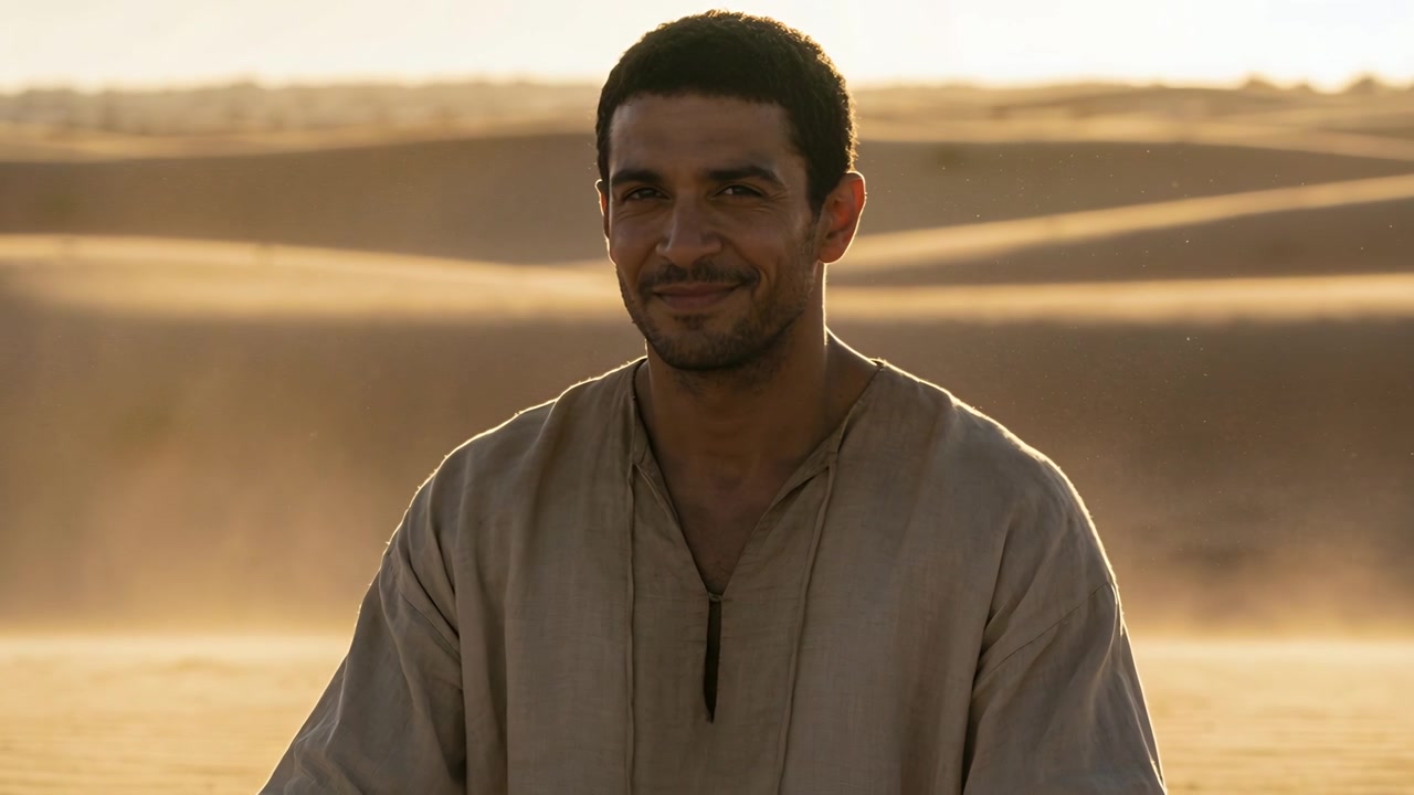 Brezza che solleva la sabbia, uomo in tunica beige che si rilassa e sorride tra le dune del deserto, con un ciondolo visibile.