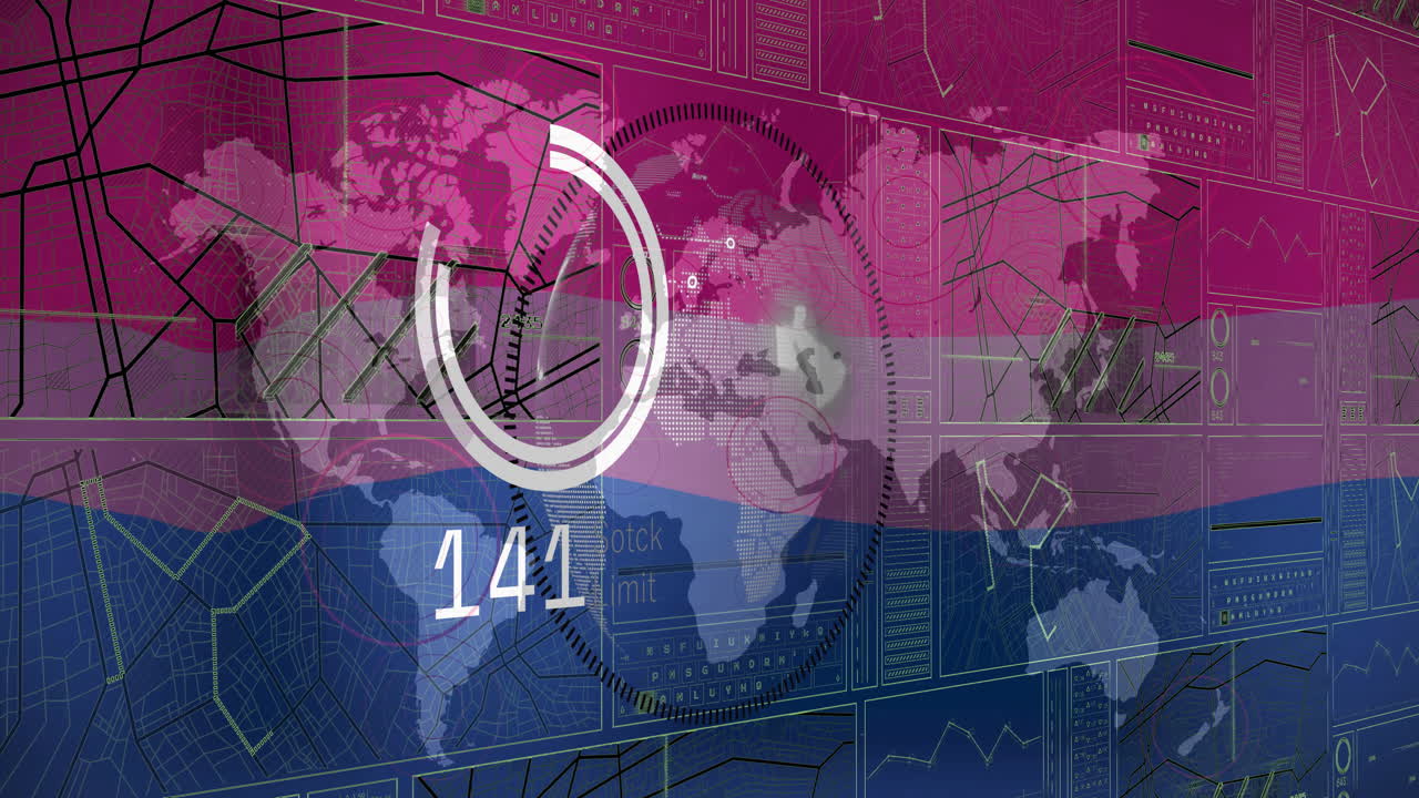 World map and data charts with digital countdown animation overlay