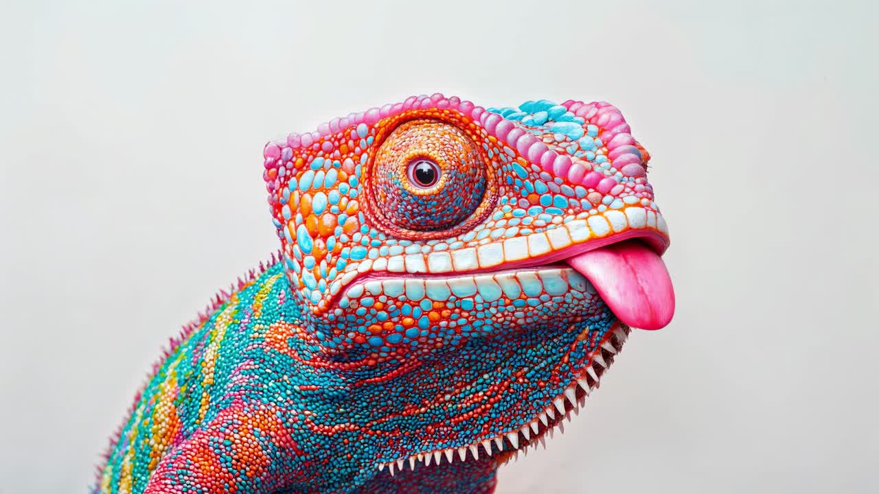 Un primo piano mozzafiato di un camaleonte coloratissimo che mette in risalto i suoi dettagli vivaci e intricati.