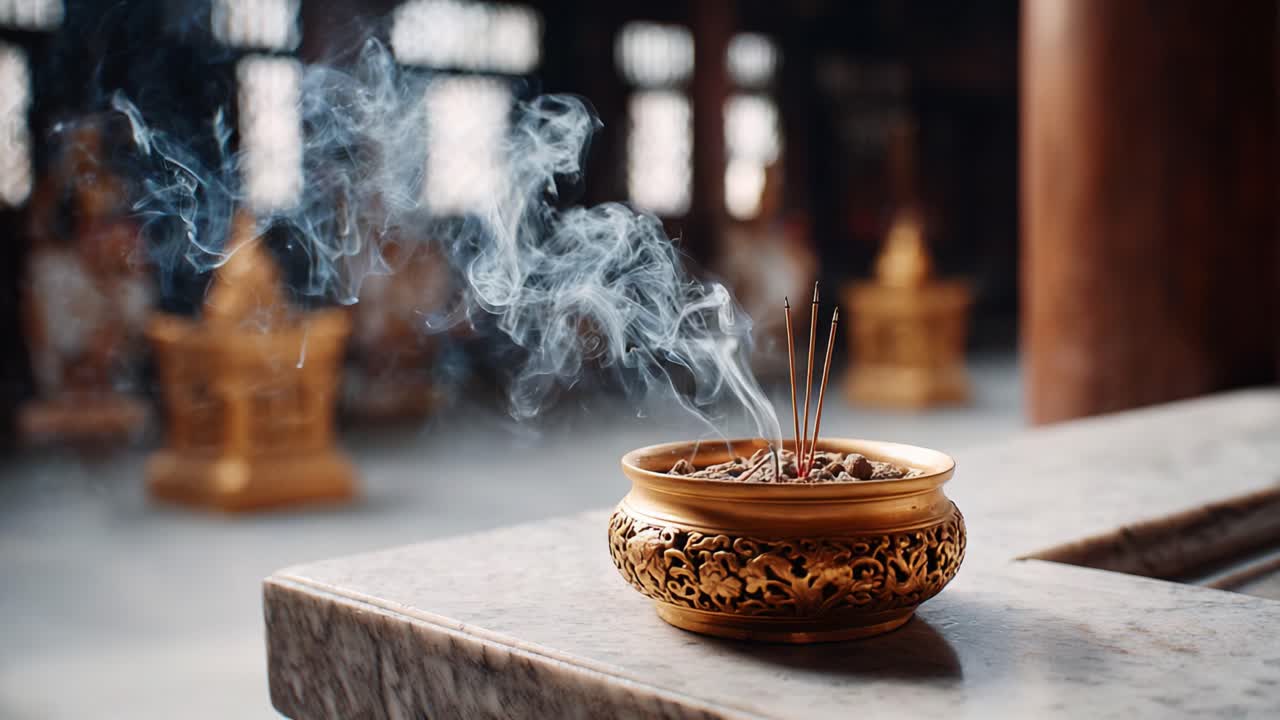 A Beautifully Crafted Incense Holder with Wisps of Smoke Curling Elegantly, Creating an Atmosphere of Serenity and Reflection within a Tranquil Setting