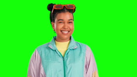 happy, face and woman in studio with green screen