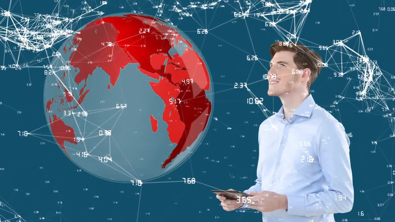 3d 인터랙티브 태블릿을 사용하는 백인 남자의 애니메이션, 연결의 웹과 지구 스피니