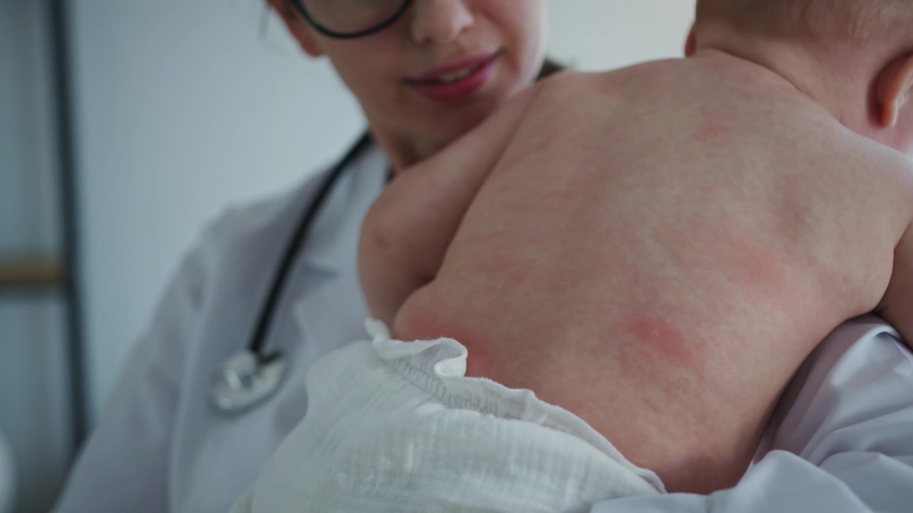 Closeup shows pediatrician examining baby back for rash or inflammation the exam highlights medical