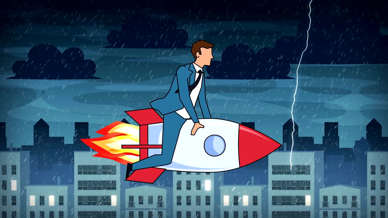 personaje de dibujos animados hombre de negocios plano volar en cohete inicio concepto de animación