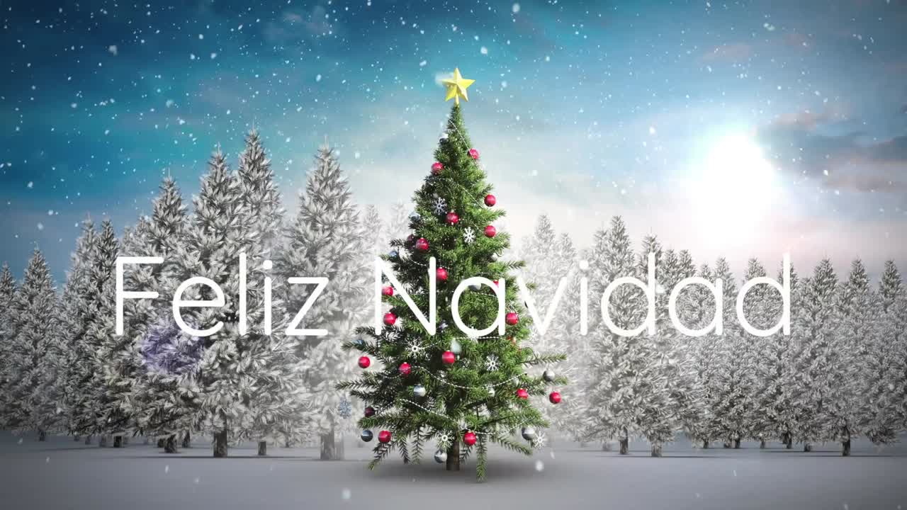 animación de feliz navidad texto sobre árbol de navidad y nieve cayendo en el paisaje de invierno