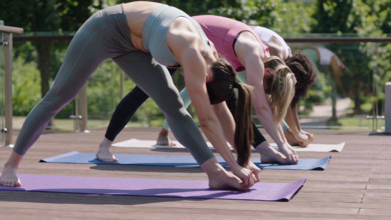 After cue, three women folding forward on yoga mats, deepening stretch in class wearing activewear