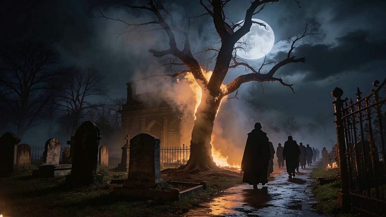 Un lutto incappucciato che cammina, guidando una processione in un cimitero di notte verso il cancello, con un albero che brucia, spazio per il testo.