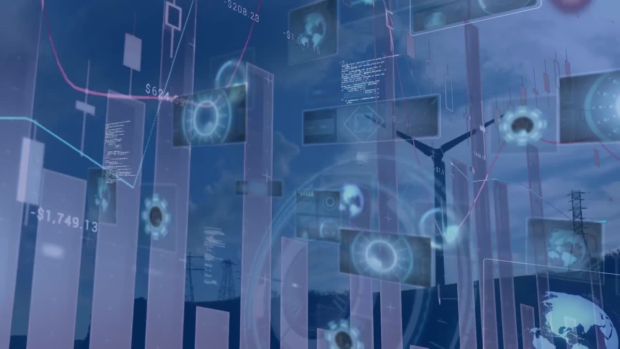 Animation of data processing with scope scanning over wind turbine