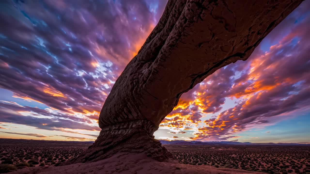 Dramatic low-angle shot of a natural rock arch under a sky filled with clouds, ideal for a nature