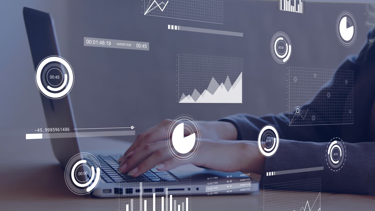 woman typing on laptop keyboard in technology office, displaying bar charts and numeric readouts