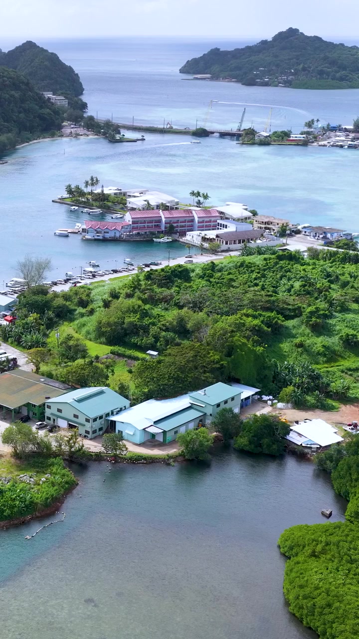 Cảnh quay từ trên cao bằng máy bay không người lái lia qua những rừng đước xanh rậm rạp và làn nước màu ngọc lam ở Micronesia