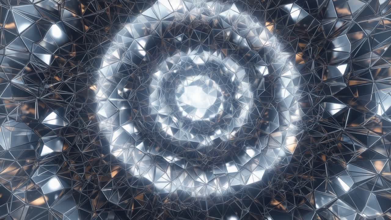 A Stunning Geometric Spiral of Interconnected Triangular Facets with Reflective Surfaces and Radiant Light Emitting from the Center, Creating a Mesmerizing Visual Experience