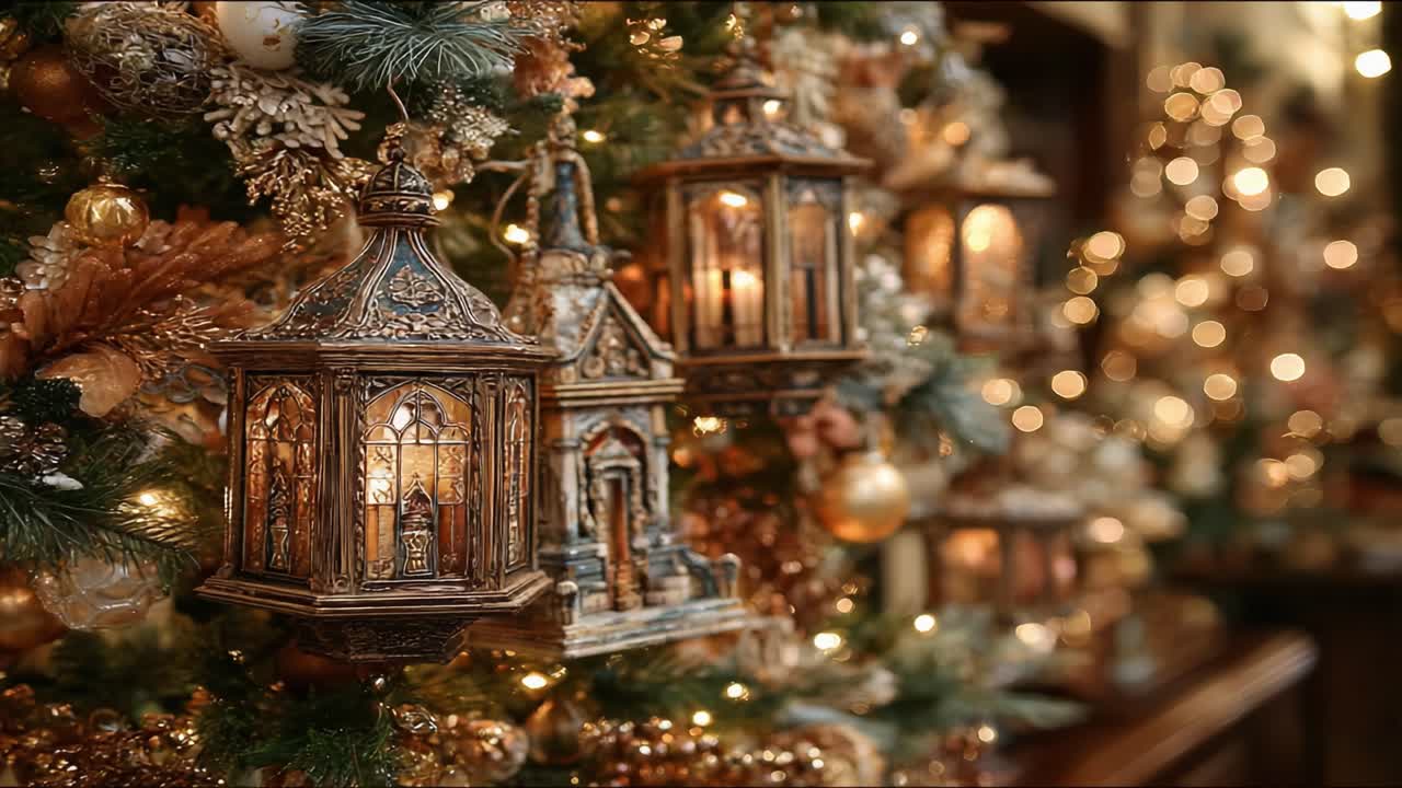 A beautifully adorned Christmas tree featuring ornate lanterns and sparkling decorations, creating a warm and festive atmosphere for the holiday season