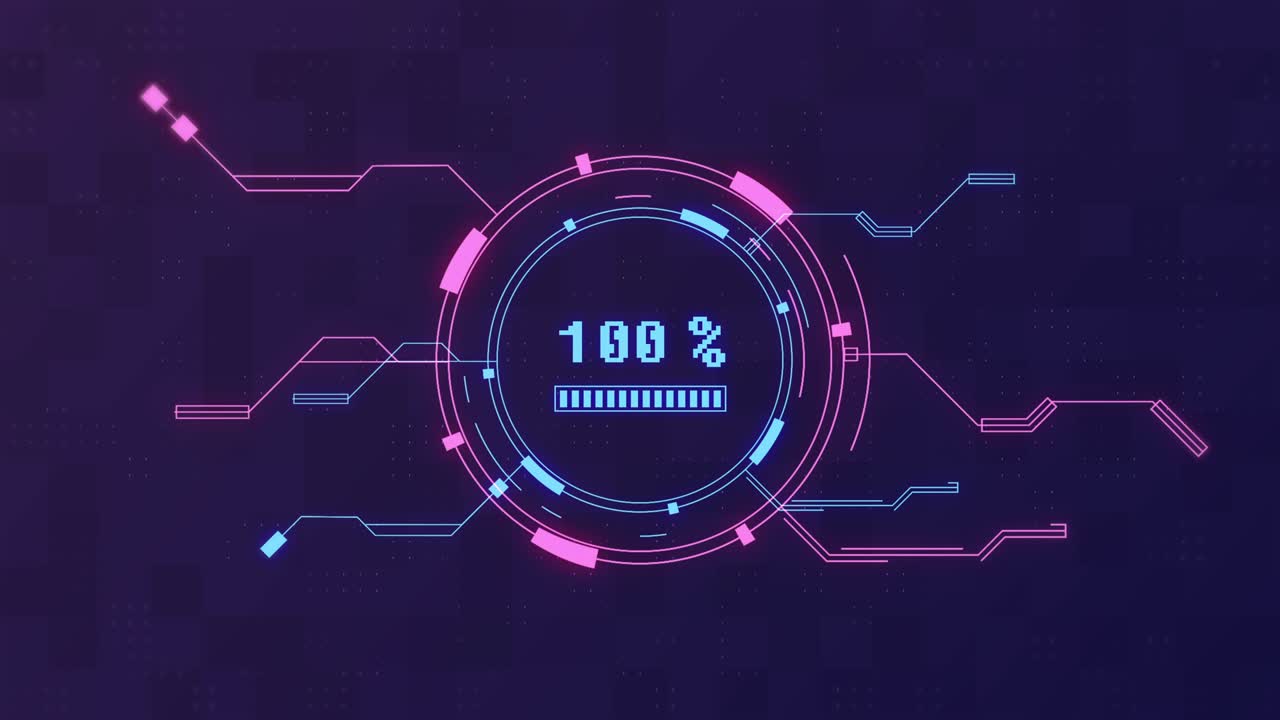 technological animation of radial circular progress or loading bar. Futuristic HUD elements. Bright glowing indication status 100%. Computer technology background. Cyberspace, hi-tech FUI design.