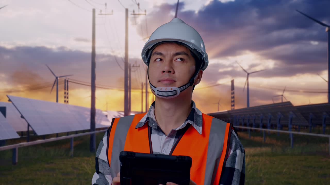 Close Up Of Asian Male Engineer With Safety Helmet Looking At The Tablet In His Hand And Looking Around While Standing With Solar Panel and Wind Turbines