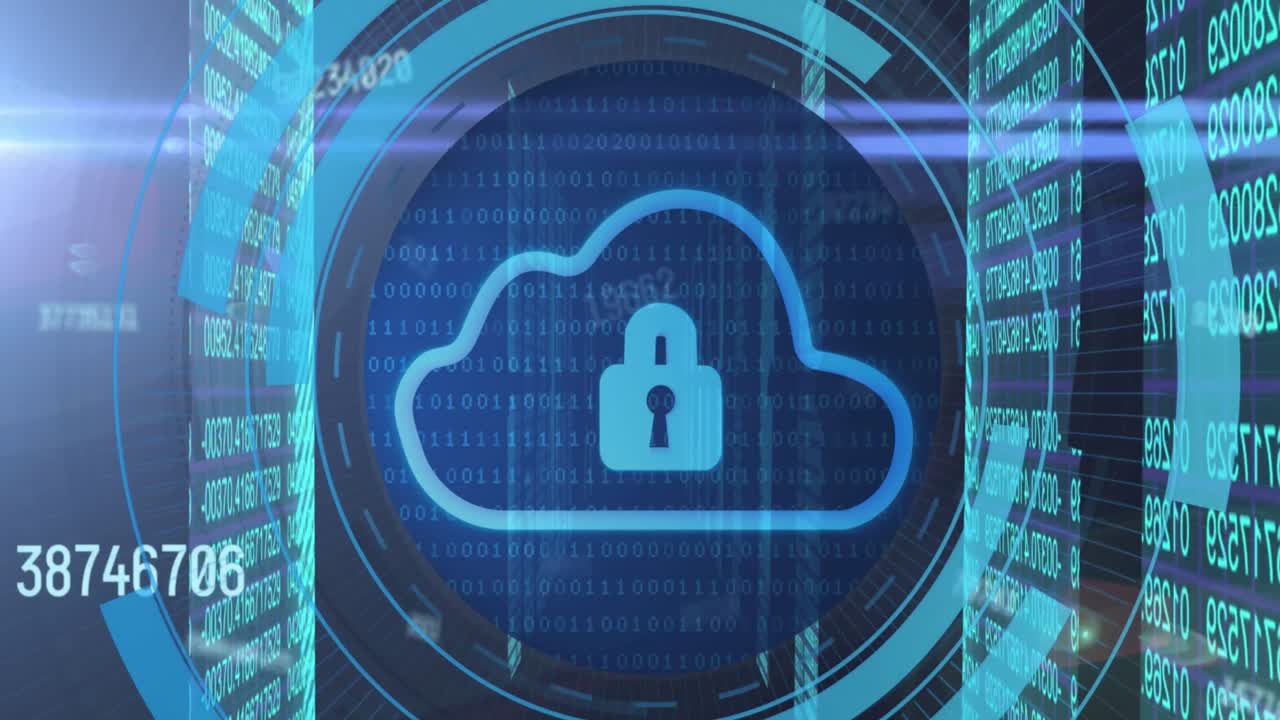 Animation of clouds with digital padlock in circle over servers